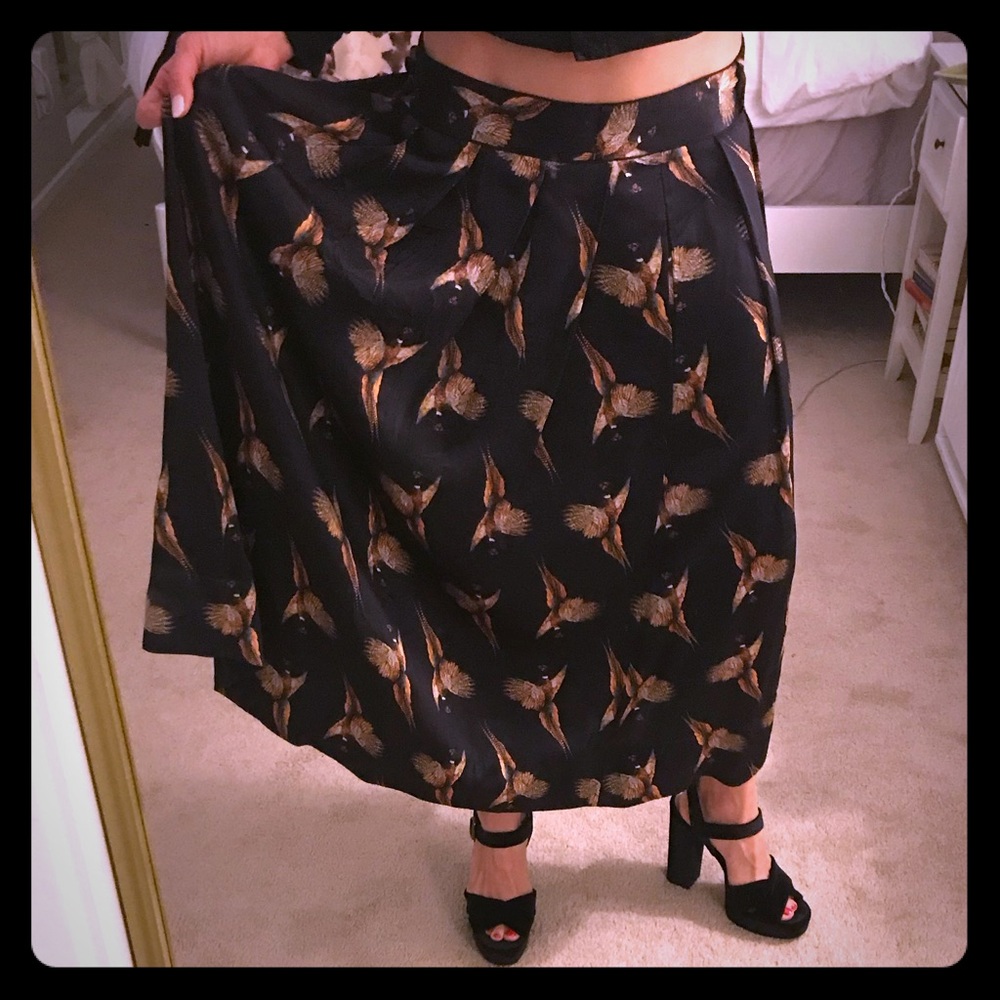 Wild turkey print navy silk skirt